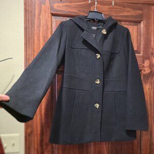 Jason Kole Black Single Breasted Hooded Pea Coat Wool Blend Medium